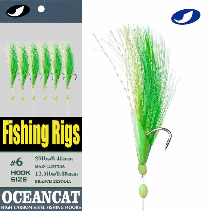 OCEAN CAT 10 Packs Green Feather Fish Skin 6 Hooks Fishing Rigs