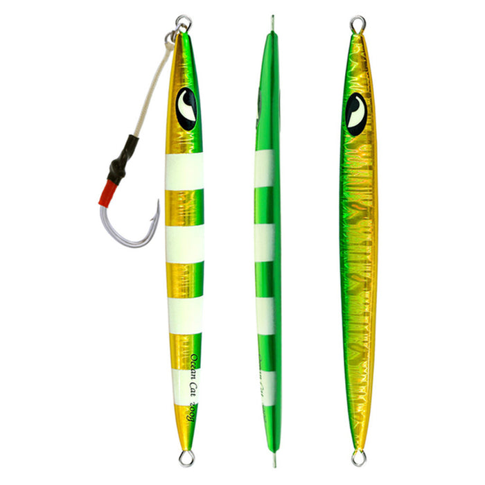 cat fishing lure OCEAN CAT Slow Pitch Jigging Speed Fall Fishing Luers Metal Vertical Lead Sea Baits Flat Hooks 5 Colors 7 Weights — OCEAN CAT Fishing Tackle