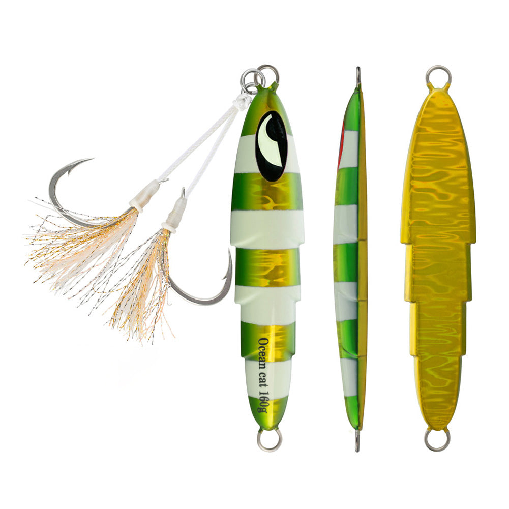 OCEAN CAT Slow Pitch Jig Fishing Lures - 160G/200G Lead Metal Jigs With Hooks, Glow In Dark Tassels For Saltwater