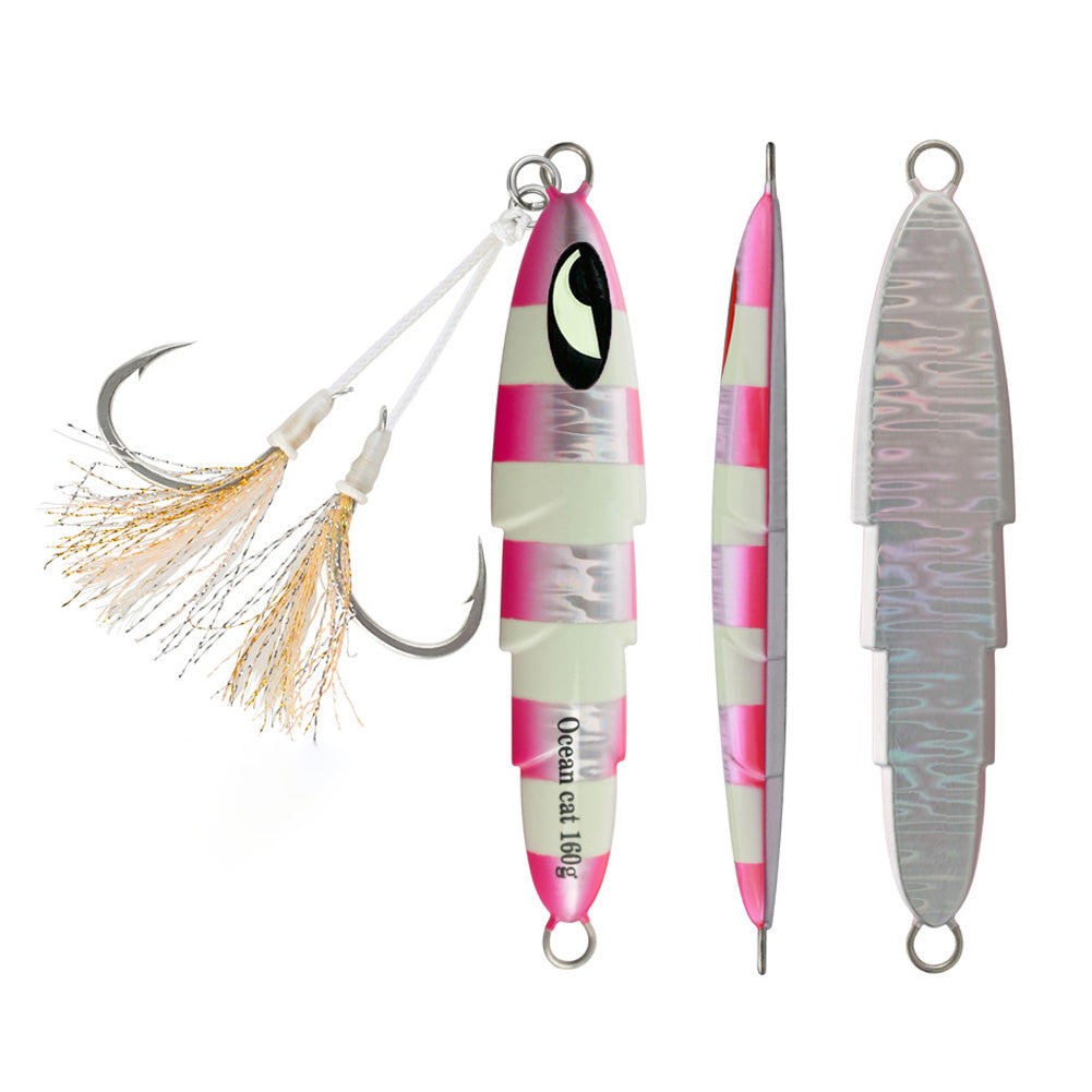 OCEAN CAT Slow Pitch Jig Fishing Lures - 160G/200G Lead Metal Jigs With Hooks, Glow In Dark Tassels For Saltwater