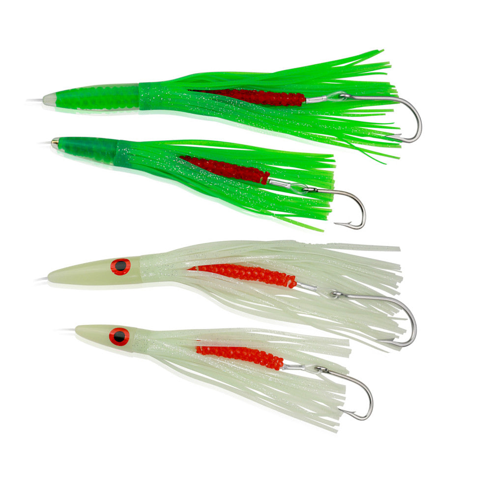 OCEAN CAT 9 inches/12 inches Green Machine Style Squid Skirts Saltwater  Trolling Lures Rigged with Circle Hooks,Big Game Lures for  Wahoo,Tuna,Marlin,Dolphin Green/Glow — OCEAN CAT Fishing Tackle