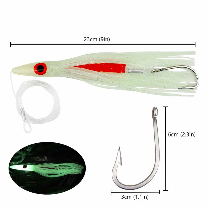 OCEAN CAT 9 inches/12 inches Green Machine Style Squid Skirts Saltwater  Trolling Lures Rigged with Circle Hooks,Big Game Lures for  Wahoo,Tuna,Marlin,Dolphin Green/Glow — OCEAN CAT Fishing Tackle