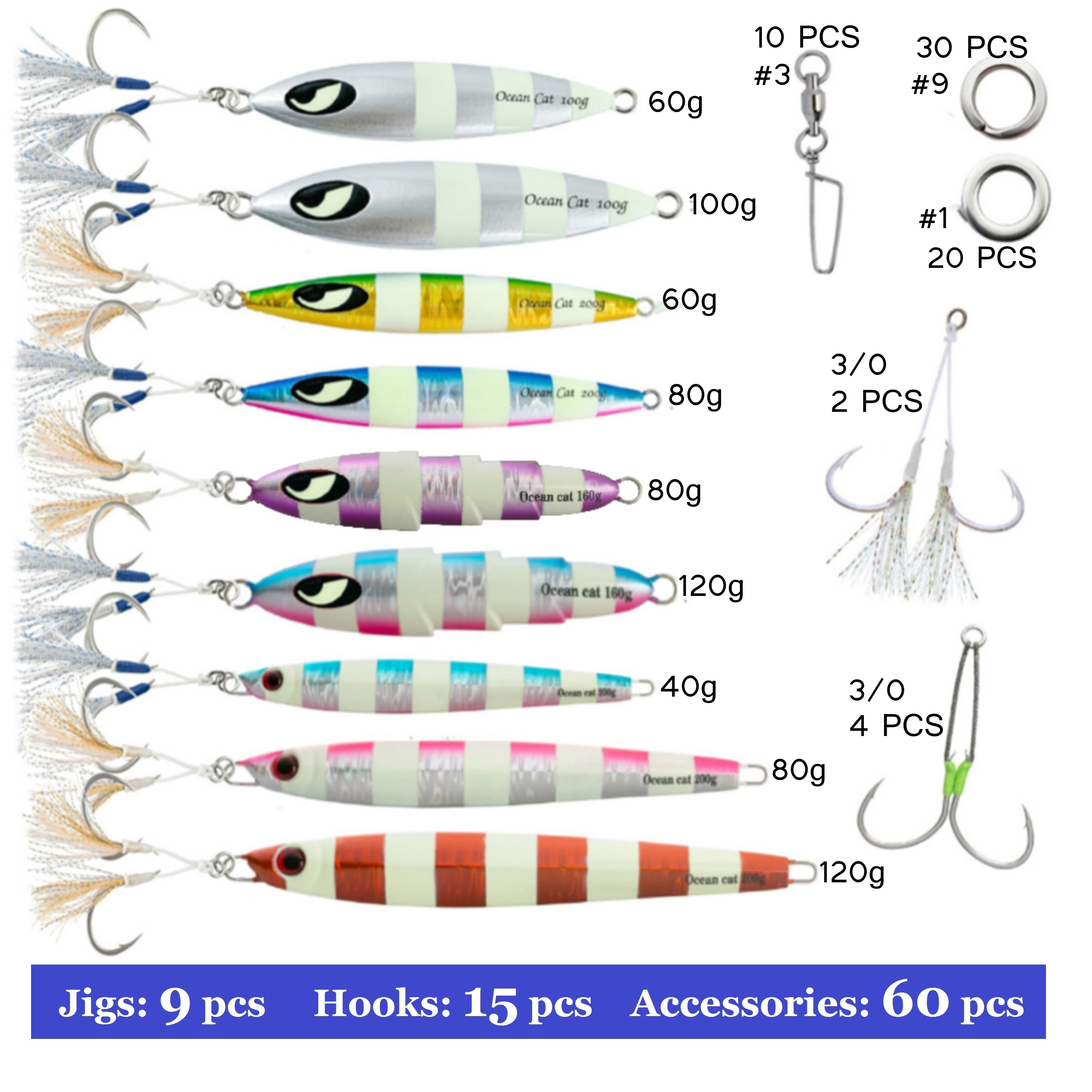 OCEAN CAT Assist Hooks For Jigging - Butterfly Glow Jigs, Size 2/0-5/0, Pre-Rigged - View #2
