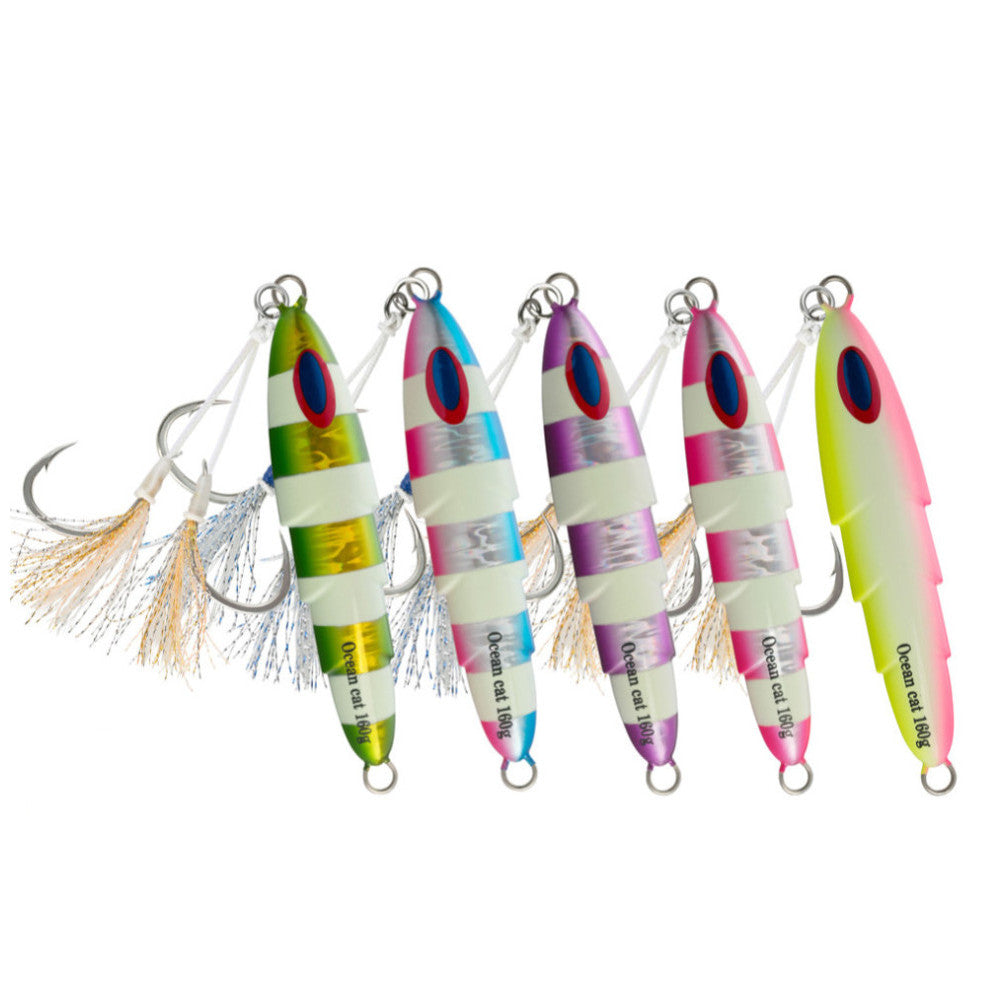 OCEAN CAT Slow Pitch Jig Fishing Lures - 160G/200G Lead Metal Jigs With Hooks, Glow In Dark Tassels For Saltwater